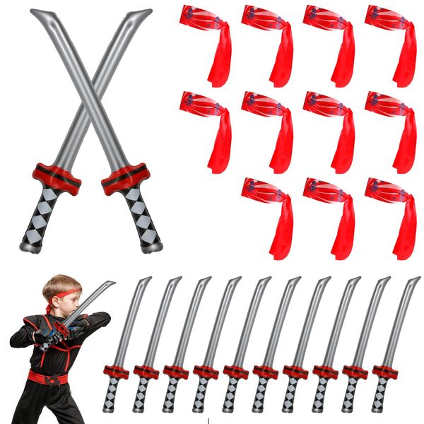 PEUTIER 12PCS Inflatable Ninja Samurai Swords and 12PCS Ninjas Headbands, Inflatable Samurai Sword Toy Set Blow Up Katana Sword Cosplay Ninja Themed Party Accessories for Boys Girls Birthday