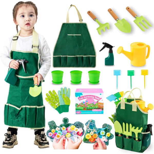 JOI MEW Kids Gardening Tools Set, Garden Toys w/Wooden Handle Alloy Rake,Fork,Trowel, Watering Can,Gloves,Tote Bag,Plant pots, DIY Bookmark Kits, Spring Summer Toy Outdoor Gift for Toddler Boy Girl