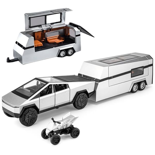 1/32 Pickup Truck and Trailer Toys with Light and Pull Back, Alloy Diecast Pickup Trailer RV Model Kit, Diecast Model Car Toy Truck and Trailer for Boys Adults as Birthday Gifts (Silver)