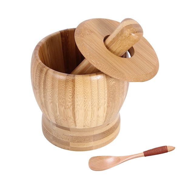 Mortar and Pestle Set with Lid and Spoon, 100% Natura Bamboo Spice Grinder, Crush, Press, Mash Spices, Herbs, Garlic, Pepper, Guacamole, Nuts, Fruit, 4.6 inch Mortar and Pestle Set Bowl for Kitchen