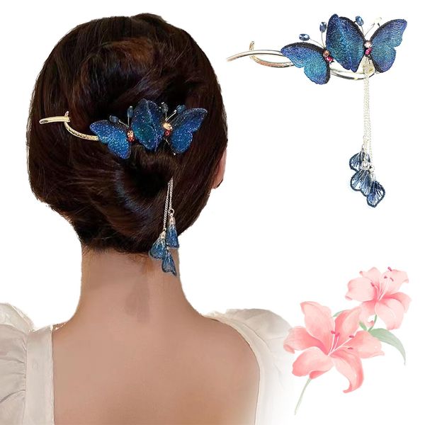 Butterfly Hair Clips Metal Hair Claw Clips with Long Tassels Hair Bun Maker Elegant Bun Hair Twister for Long Hair Women (01)