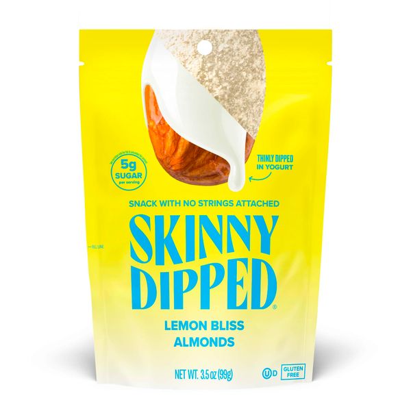 SkinnyDipped Lemon Bliss Yogurt Covered Almonds, Healthy Snack, Plant Protein, Gluten Free, 3.5 oz Resealable Bags, Pack of 1