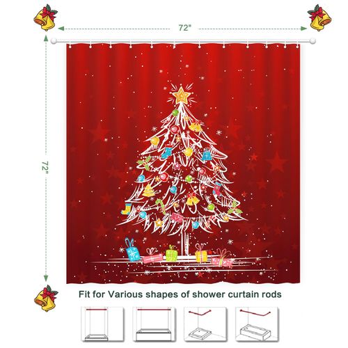Shower Curtain Christmas, Holiday Shower Curtain Red Christmas Tree Candy Cane Stocking Jingle Bells Bulb Winter Shower Curtain Waterproof Fabric Machine Washable Home Farmhouse Decor Bath Curtain