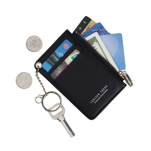 Small Wallets for Women Slim Leather Card Case Holder Wallet Coin Change Purse with Keychain (Black)