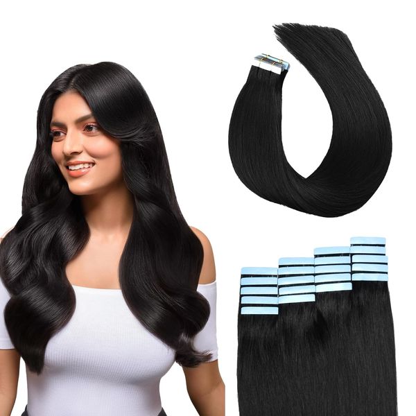 KOCONI Tape Hair Extensions Tape in Hair Extensions Human Hair Invisble Black Tape in Hair Extensions Real Human Full Head Tape in Hair Extensions Hair 18 Inch 50g/Pack 20Pieces #1Jet Black