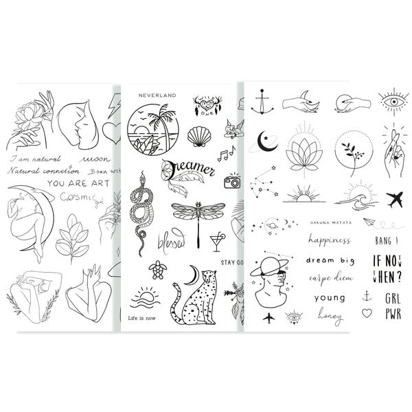 Abziehtattoo-Set von Tatsy | 3-in-1-Set: Simple, Natural, Hippie | Lustige Party-Tattoos | Abziehtattoo | Body-Art für Männer und Frauen | Insgesamt 69 einzigartige Tattoos