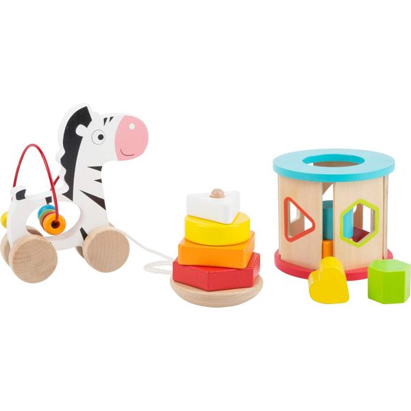 Small Foot Wooden Toys Motor Skills Toy Playset Collection with Pull-Along Zebra, Stacking Tower & Shape Sorting Games Designed for Children 12+ Months, Multi (11106)