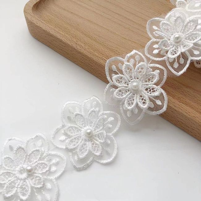 Simple Embroidery Chemical Lace Floral Lace Ribbon with Pearl DIY Craft Sewing Decoration 3 Yards (White)