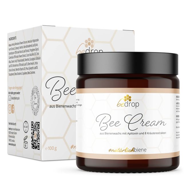 bedrop Bee Cream Bienengiftsalbe hochdosiert (kühlend & wärmend) - Bienengiftcreme mit Bienenwachs & 8 Kräuterextrakten u.a. Aloe Vera, Ringelblume, Eukalyptus und Rosskastanie 100g