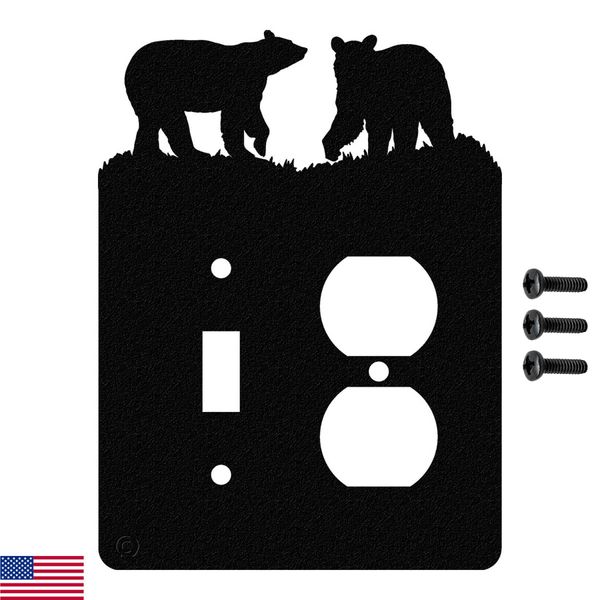 Innovative Fabricators, Inc. Bear Toggle Light Switch & Single Duplex Wall Plate (Single Toggle with Power, Black) - Made in USA