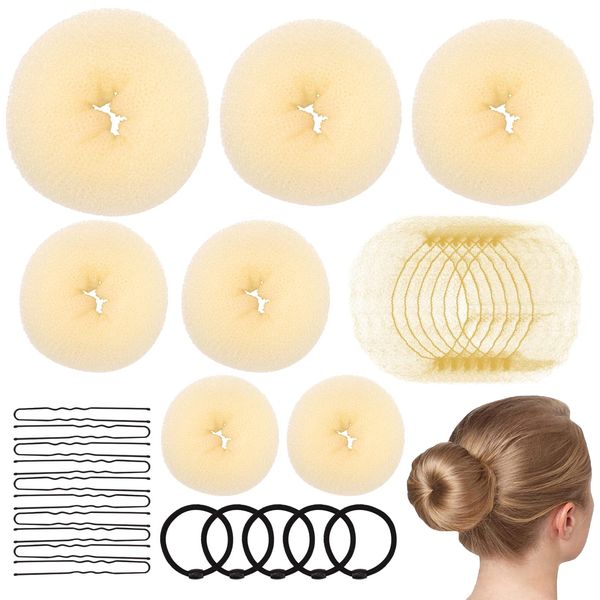 Bekecidi Frisurenhilfe Set, 7 Stück Duttkissen Donut Maker in 4 Größe mit U-Form Haarnadeln, Haarnetz und Haargummi, Haardonut Haarstyling Frisurenhilfe Set für Damen, Hochzeit, Kinder (Stile1)