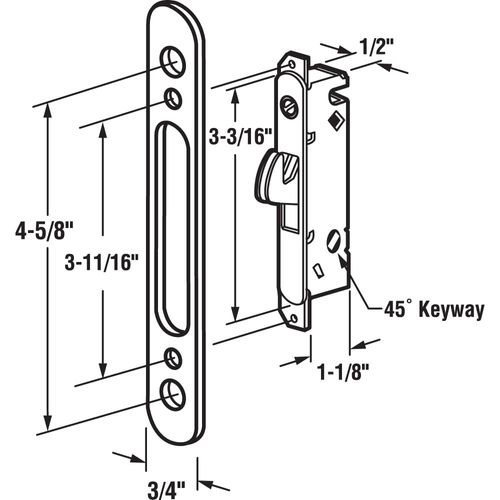 Prime-Line E 2164 Mortise Lock, 4-5/8 In. Steel, 45 Degree Keyway, Round Faceplate, Spring-Loaded (Single Pack)