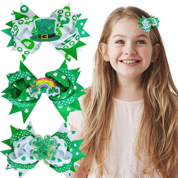 Whaline 3Pcs St. Patrick's Day Hair Bow Clips Shamrock Grosgrain Ribbon Bow Hair Pins Green White Clover Bow Alligator Hair Barrettes for Toddlers Girls Kids Irish Holiday Party Hair Accessories