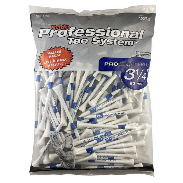 Pride Professional Tee System, Golf Pro Length Plus 3 1/4", 135 Count,White/Blue