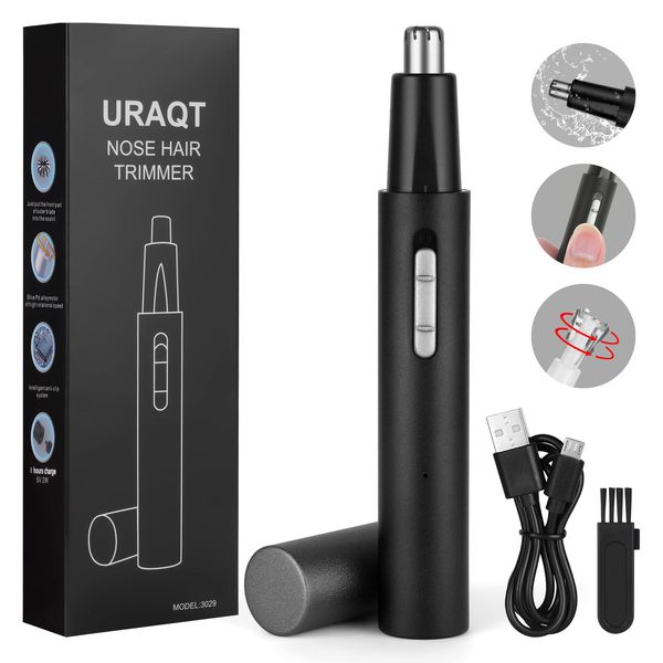 URAQT Ear and Nose Hair Trimmer for Men and Women, Professional Painless Nose Hair Clipper, USB Rechargeable Eyebrow Ear Nose Trimmer, Waterproof Dual Edge Blades Easy Cleansing, Black