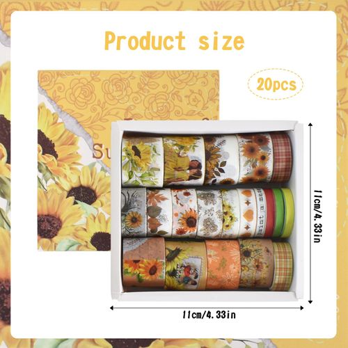 Cleminsta 20 Rolls Retro Washi Tape Set, Vintage Plant Flower Scrapbook Accessory Set, Masking Tape, Decorative Tape for Scrapbooking, Bullet Diary, Gift Wrapping (Sunflower)