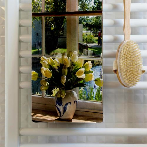 3dRose 22x30 Bath Hand Pool Towel - Window with lace Curtain and Tulips, Holland, Michigan, USA. Windows