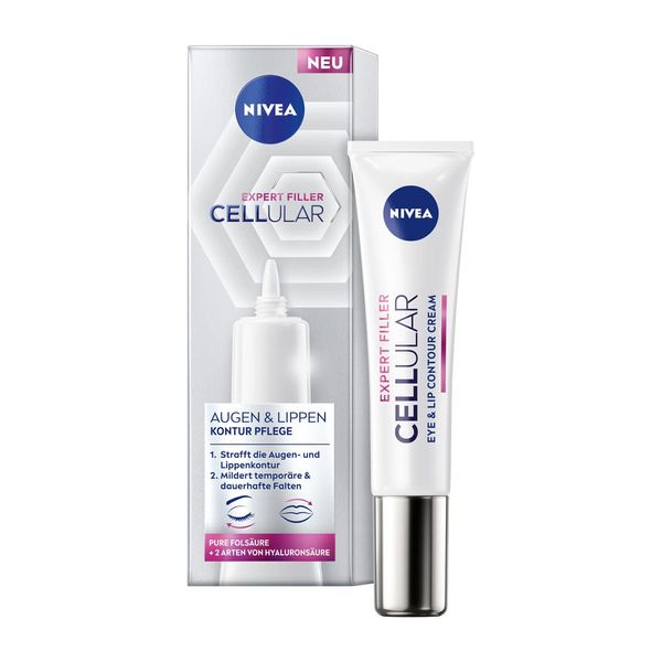 NIVEA Cellular Expert Filler Augen & Lippen Konturpflege (15 ml), straffende Anti Falten Augencreme mit Hyaluron und purer Folsäure, feuchtigkeitsspendende Lippenpflege