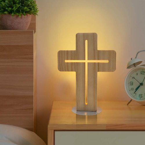 Cross Shaped Wood Bedside Lamp, Coopark 3D LED Optical Night Light,Personalized Room Decor Best Birthday Christian Retirement Gifts for Women Friend