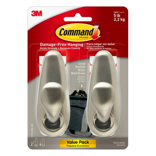 Command FC13-BN-2ES Large Forever Classic, Brushed Nickel, 2 Hooks, 4 Strips/Pack