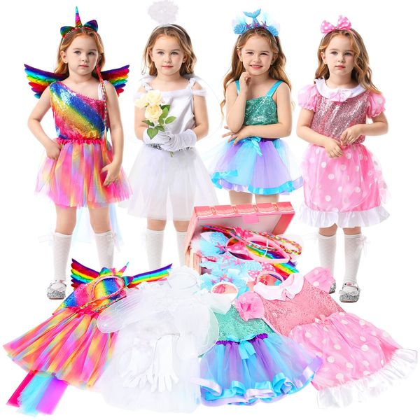 kuaima Girls Princess Dress up Trunk Set, Unicorn, Mermaid, Princess, Bride, Angel Pretend Play Costume Set for Toddlers Little Girls Ages 3-6 Years