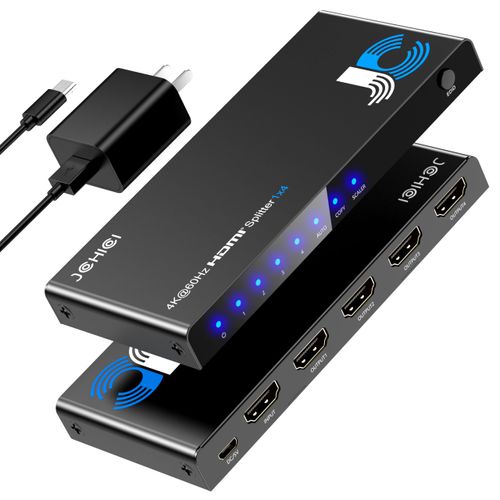 JCHICI 4K HDMI Splitter 1x4 for PS5/Xbox/Apple TV - HDMI 2.0 4K@60Hz HDR10 & Dolby Vision, 1 in 4 Out with EDID Modes (Auto/Copy/Downscale), HDCP 2.2, 18Gbps for Home Theater/Multi Monitor Setup
