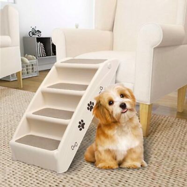 Folding Dog Stairs Cream Pet Step Ladder 24.4x15.7x19.5 Easy Access for Pets