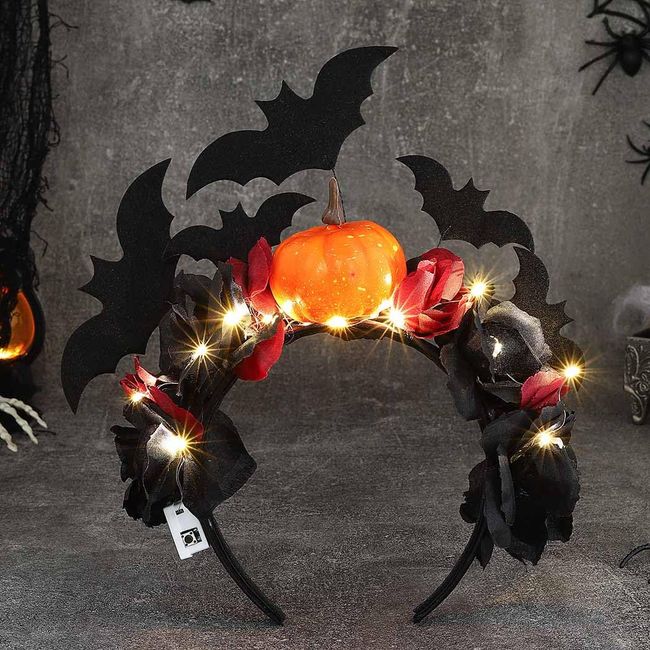 Edary LED Halloween Flower Crown Headband Light Up Pumpkin Headpiece Day of The Dead Headwear Black Bats Wreath Hair Garland for Women (Pumpkin)