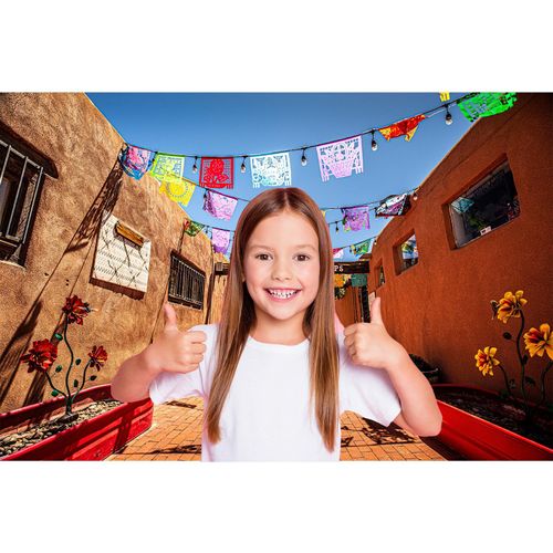 New Mexico Backdrop Historic Old Town Street Ancient Mexico Buildings Photography Background Colorful Paper-Cut Streamers Mexican Fiesta Carnival Backdrop Mexican Party Decors Props 7x5ft