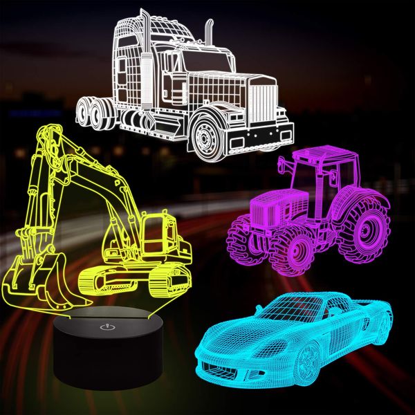 Lampeez 3D Car Lamp Night Light 3D Illusion lamp for Kids,Car,Truck,Tractor,Excavator,16 Colors Changing with Remote,Dimmable(4 Patterns) Kids Bedroom Decor Car Gifts for Boys Girls