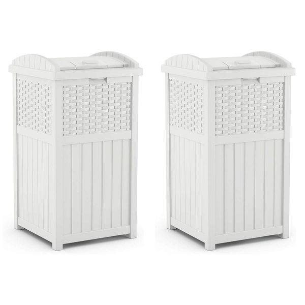 Suncast Wicker Plastic Outdoor Hideaway 33 Gallon Trash Can Bin with Latching Lid for Backyard, Deck, or Patio Use, White (2 Pack)