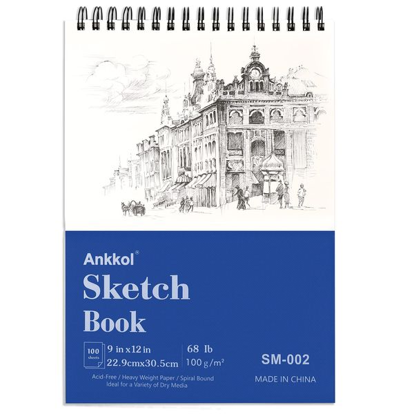 Ankkol Sketch Book 9x12 Inch Artist Sketch Pad, 100 Sheets (68lb/100gsm) Top Spiral Bound Sketchbook, Acid-Free Drawing Paper Pad, Art Supplies for Colored and Graphite Pencils, Charcoal & Soft Pastel