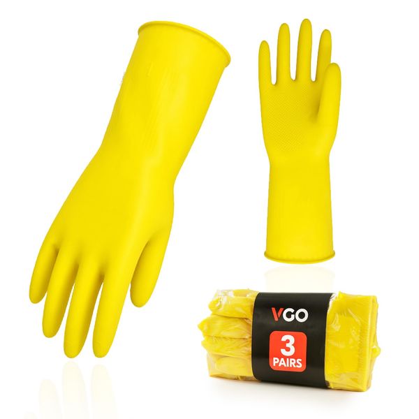 Vgo...3 Pairs Kitchen Gloves, Waterproof Gloves, Long Dishwashing Gloves, Long Sleeve, Cleaning Gloves, Rubber Gloves, Car Washing, Washing, Gardening, Pet Care, Painting, Multi-Purpose (XL (3 Pairs,