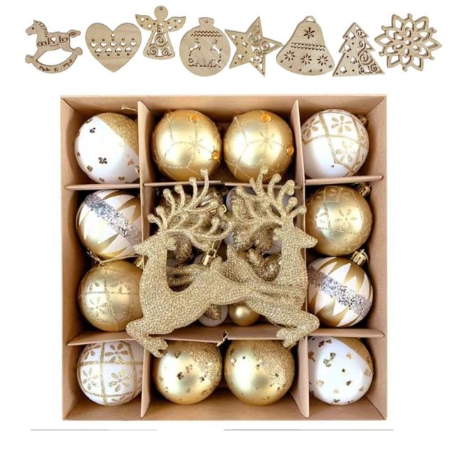 wemitas Christmas Tree, Ornament, Balls, 2.4 inches (6 cm), 1.2 inches (3 cm), White, Gold, 36 Pieces, Large Capacity, Scandinavia, Wooden, 8 Types, Set of 14