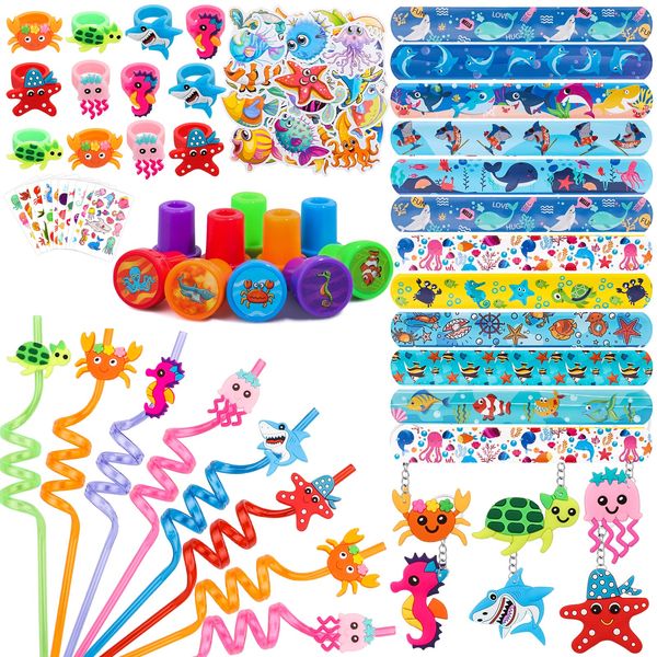 118PCs Under the Sea Party Favors Ocean Sea Animals Keychain Ring Stamps Tattoos Drinking Straws Cute Sea Animal Party Favors for Kids Birthday Party Supplies Goodie Bag Fillers