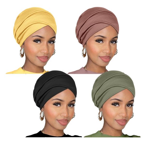 TuTive 4 Pieces Solid Color Multicolor Combination Stretch Hijab Jersey Turban Reversible Turban Headwear Locs Cap Fashion Extra Wide Headband Headwraps for Women（Black,Coffee,Army Green,Turmeric）