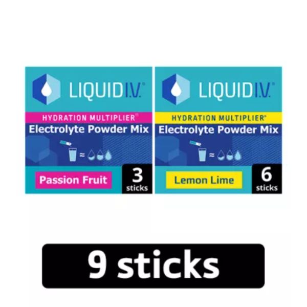 Liquid I.V. Hydration Multiplier Electrolyte Powder Mix Passion Fruit + Lemon Lime Bundle, 9 sachets