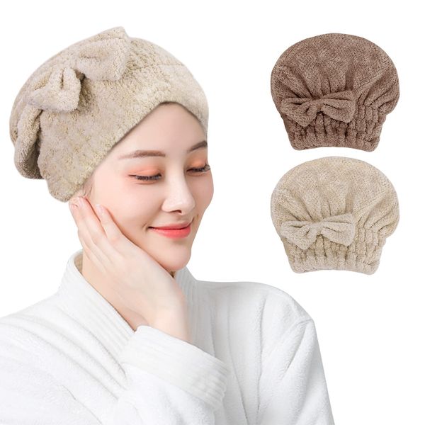 Toplive Towel Cap, Hair Dry Cap, Set of 2, Dry Cap, Quick Drying, Water Absorbent, Hair Towel, Hair Towel, Shower Cap, Bath, Facial Wash, Gym, Bowknot, Cute, Hair Towel Cap, Hair Turban, Hat, Towel, Thick, Bath Supplies, Long Hair, Women's, Gift, Present 