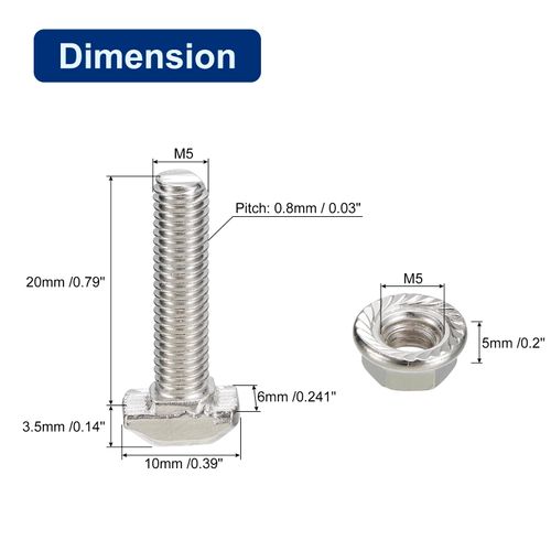 sourcing map M5x20mm T Slot Drop-in Bolt and M5 Hexagon Flange Nut Set, 10 Sets Hammer Head T-Bolt T Shape Stud Sliding Screw for 20 Series Aluminum Profile