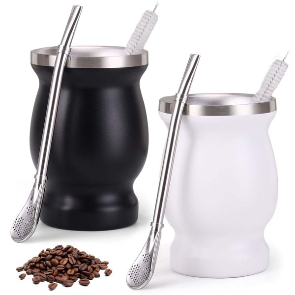 2 Stück Mate Becher, Mate Tee Becher Set mit Löffel und Reinigungsbürste, Edelstahl Mate Tee Set Yerba Mate Tee Cup Set Dishwasher Safe and Durable für Küche, Restaurant, Café (Schwarz+Weiß)