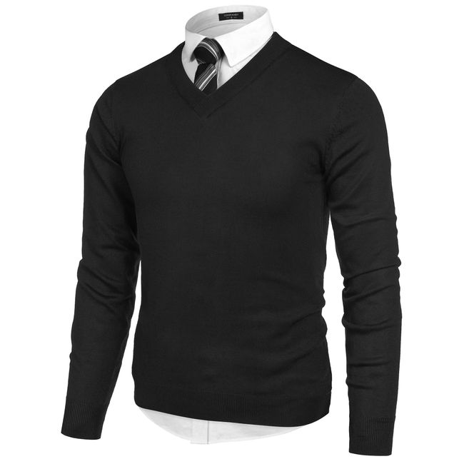 COOFANDY Men's Fashion V Neck Sweater Knit Slim Fit Long Sleeve Sweater Pullover Black