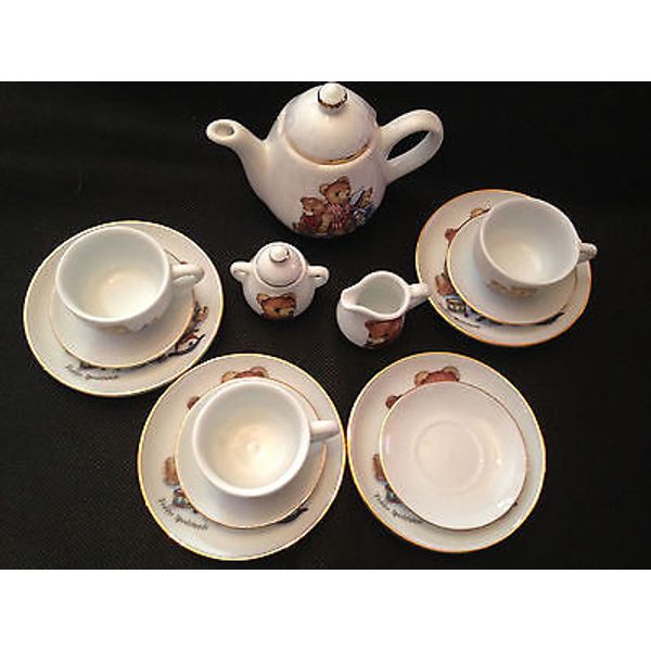 Bear Henry & Friends Porcelain Set Teapot Plates Sugar Creamer 3 Cups 4 Saucers