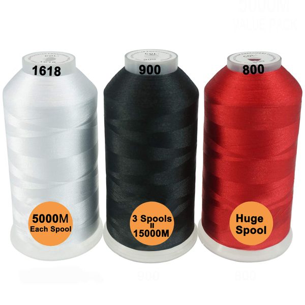 New brothread Set of 3 Basic Colors-1 Polyester Machine Embroidery Thread Huge Spool 5000M for All Embroidery Machines