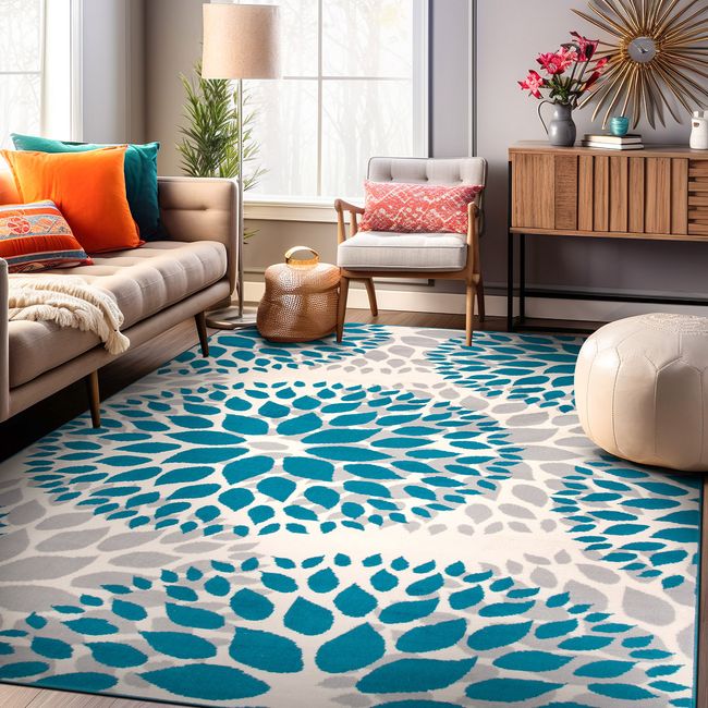 Rugshop 6X9 Area Rugs Modern Floral Circles Carpet for Living Room Blue Rug