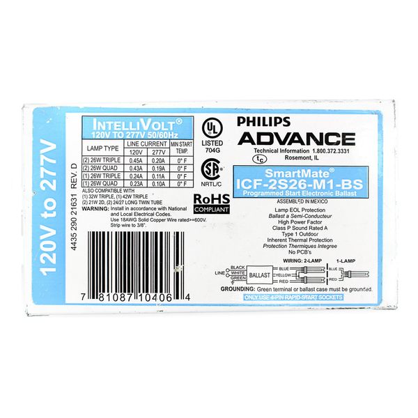 Advance ICF-2S26-M1-BS Compact Fluorescent Ballast, 1 or 2 Lamp, 26W Quad/Triple CFL, 120/277V