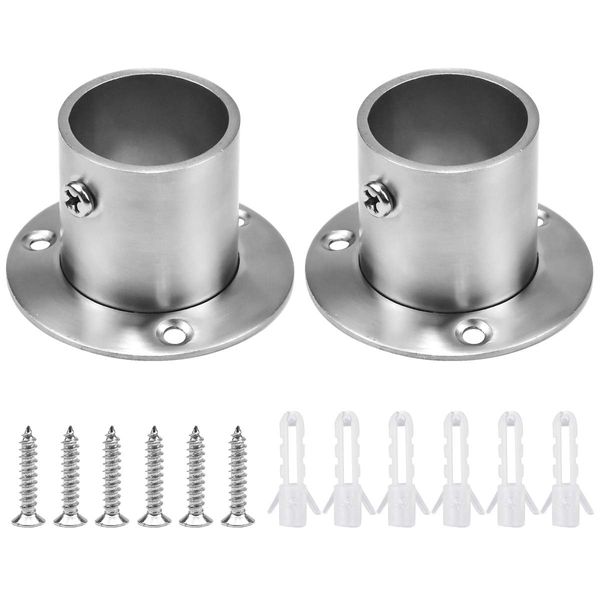 2Pcs Wardrobe Rail Support, 32mm Round Wardrobe Hanging Pole Tube Rod End Bracket, Stainless Steel Flange Socket Holder Adjustable with Screws for Closet Curtain (Silver)