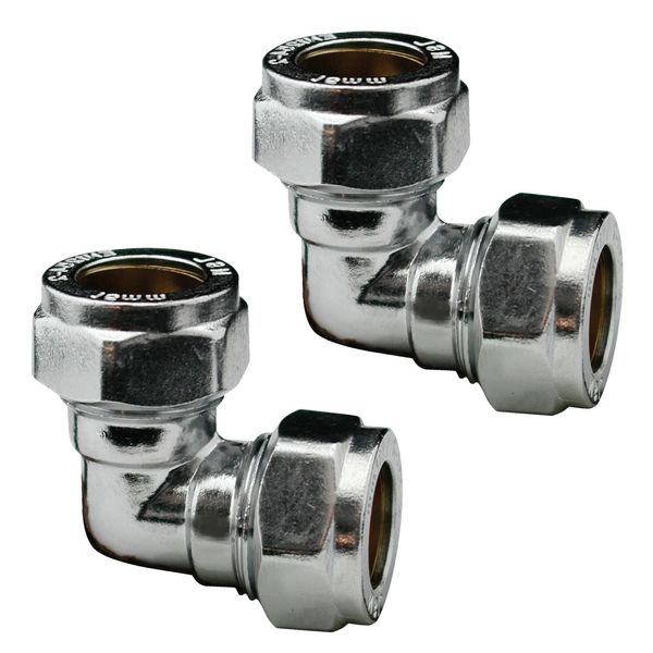 Pipestation 15mm Compression Elbow Connectors Pack of 2 - Durable Compression Joint Plumbing Fittings for Copper Pipe Plumbing Pipe Connectors - 15mm Chrome Compression Plumbers Pipe Fitting