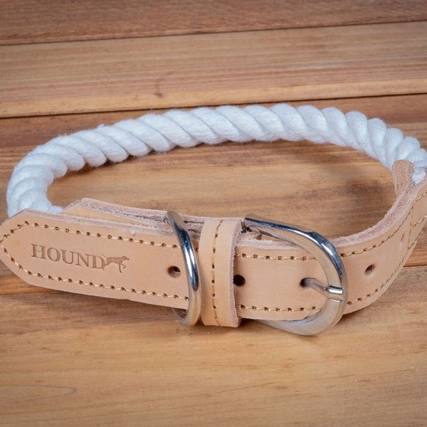 Adjustable Dog Collar Braided with Real Leather Strap Cotton Rope Med 33-41cm