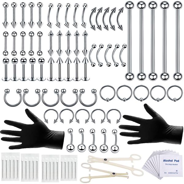 100PCS Piercing Kit 14G 16G Nose Septum Rings Jewelry for Belly Button Tongue Body Tools with 20PCS 12G Needle