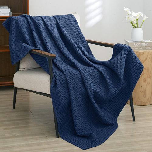 PHF 100% Cotton Waffle Weave Throw Blanket 50"x60"-Lightweight Washed Soft Breathable Blanket for Adults and Kids-Great Blanket Layer for Couch Bed Sofa-Elegant Home Decoration-Navy Blue/Bright Blue